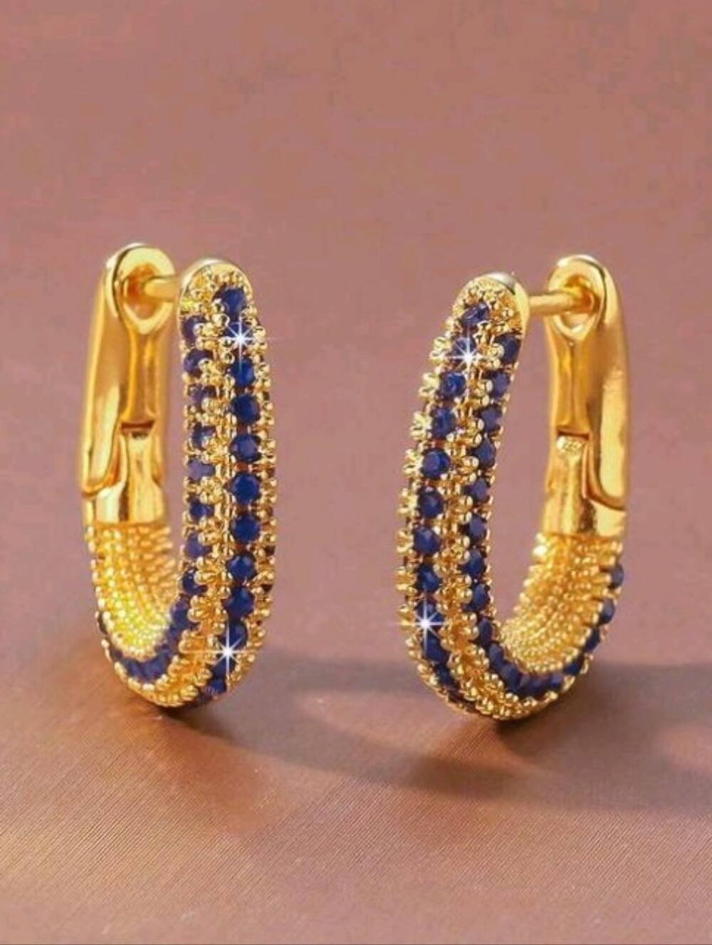 NEW! 18K Gold Plated Blue Sapphire And Pavé Diamond Oval Huggie Hoop Earrings